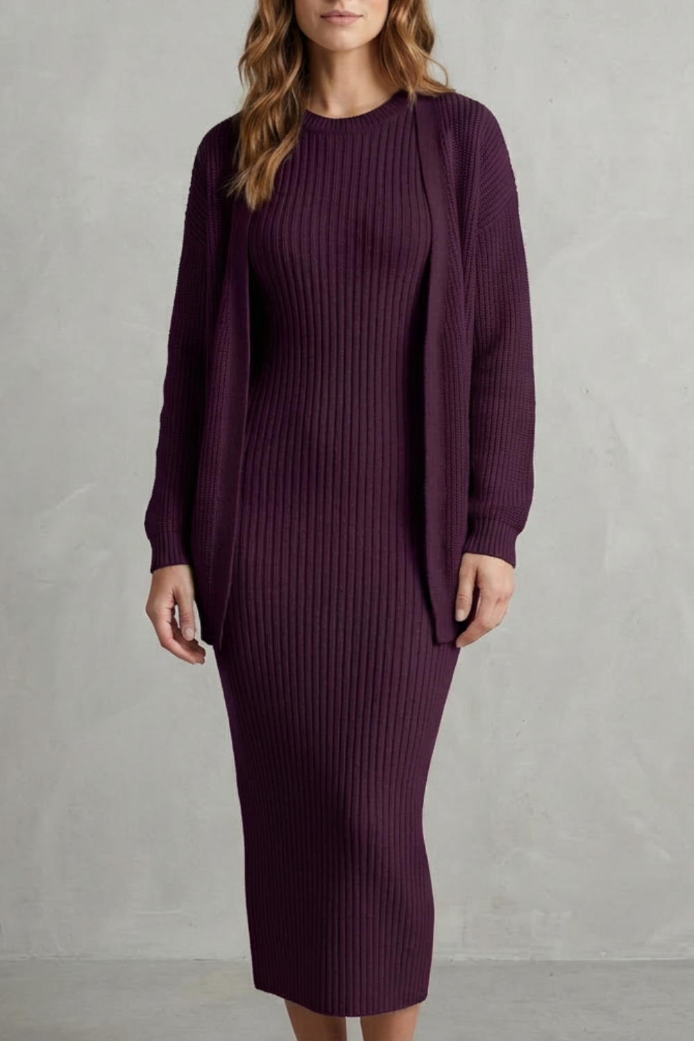 Ensemble robe pull maille violet et cardigan, vue de face