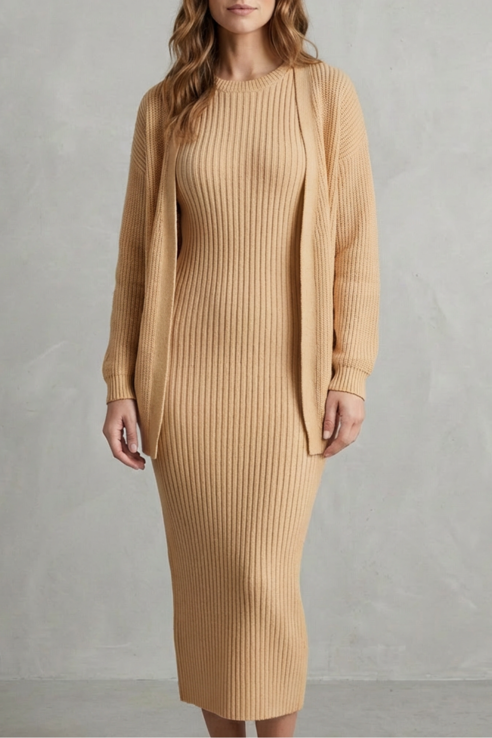 Ensemble robe pull maille blé et cardigan, vue de face
