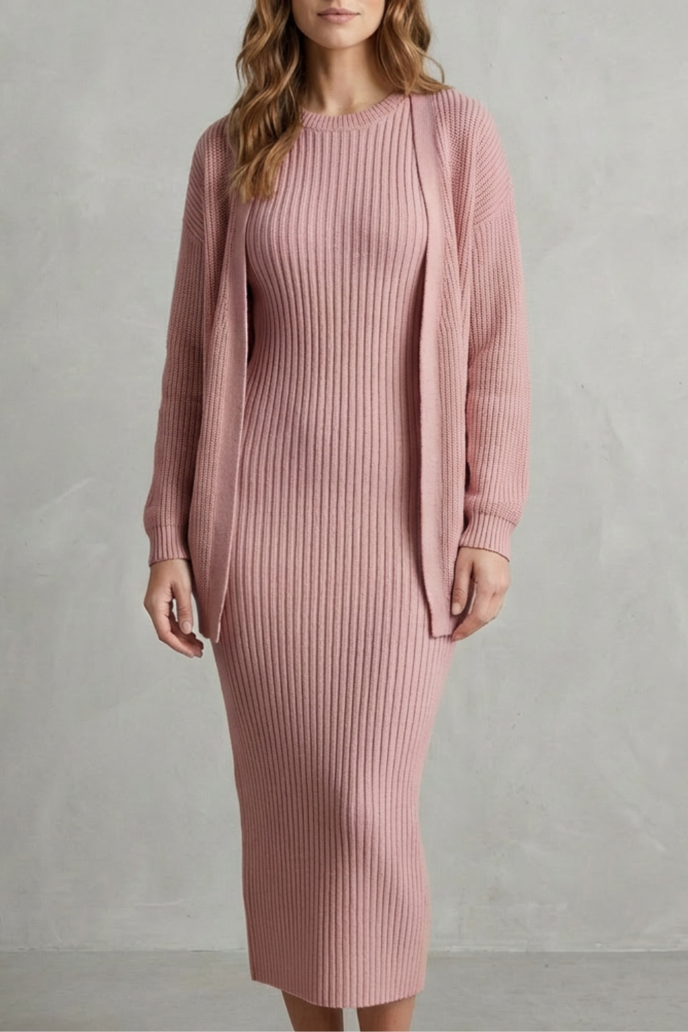 Ensemble robe pull maille rose et cardigan, vue de face