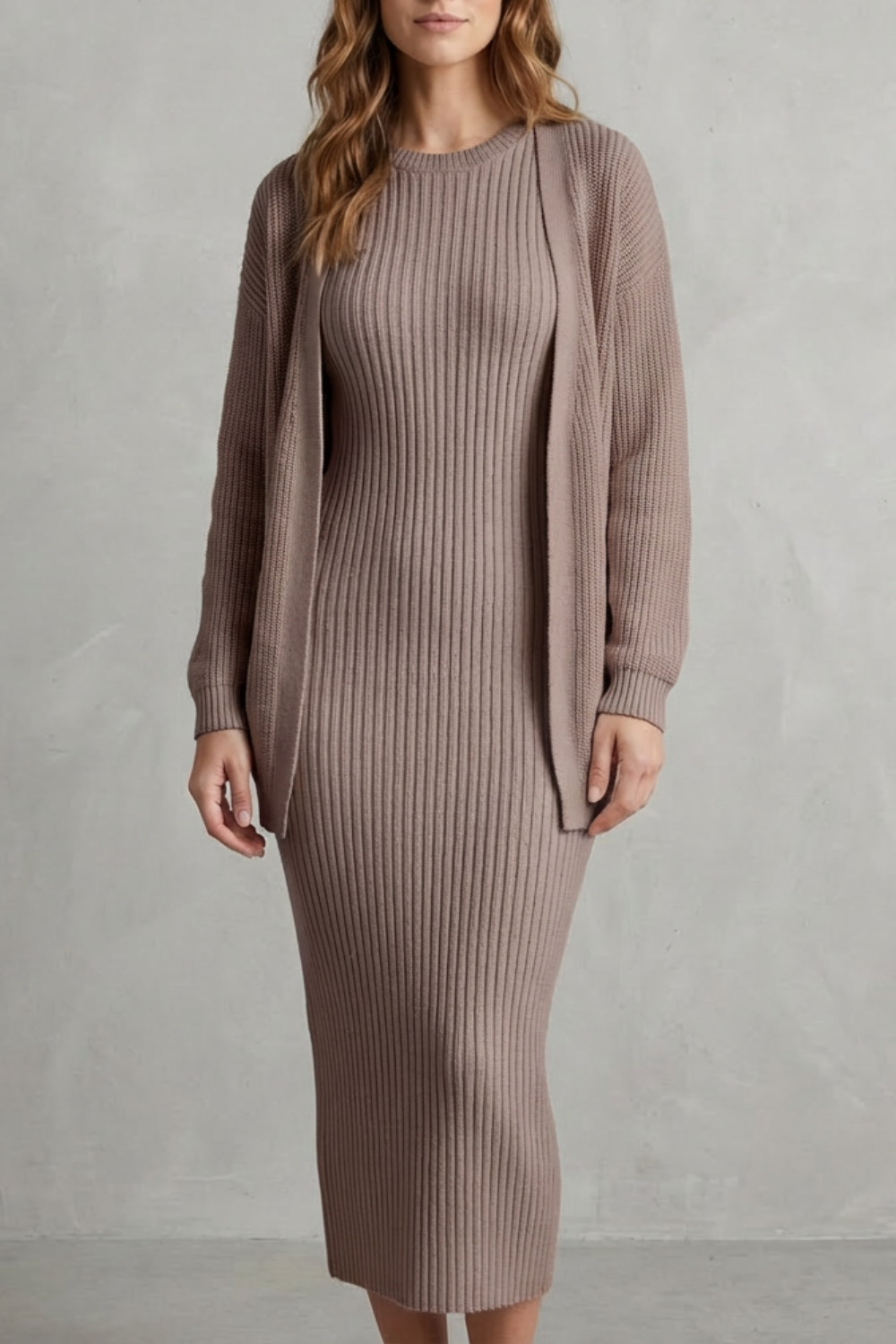 Ensemble robe pull maille lotus et cardigan, vue de face