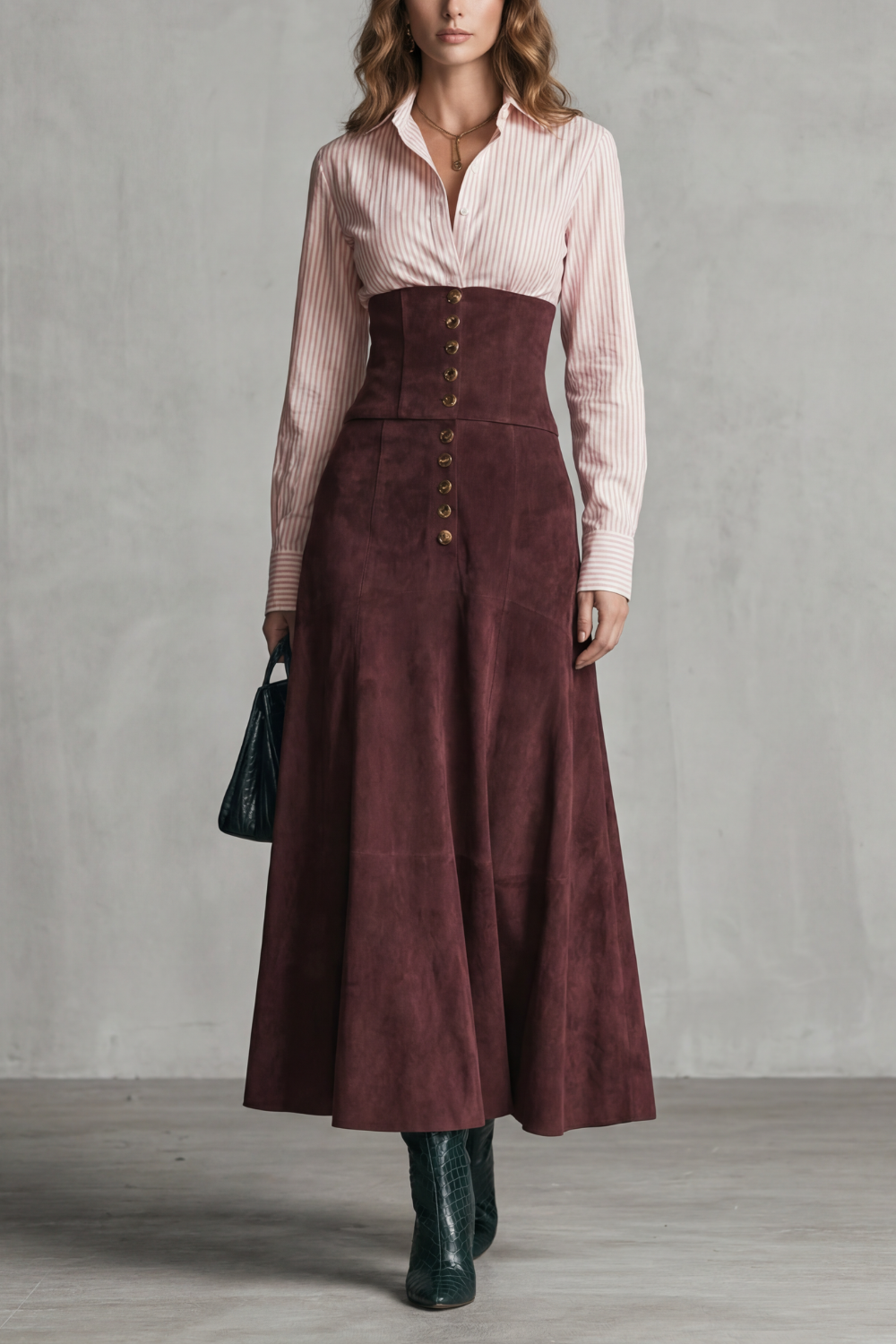 Jupe maxi évasée rouge profond, taille corset, vue de face