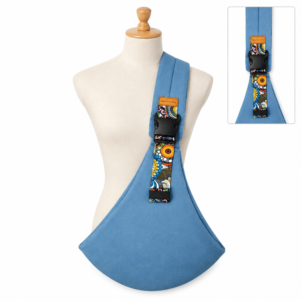 Porte-bébé siège de hanche bleu uni, vue de face sur mannequin