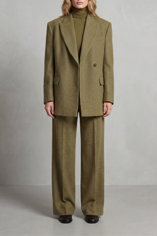 Ensemble tailleur vert olive, blazer structuré et pantalon large, vue de face