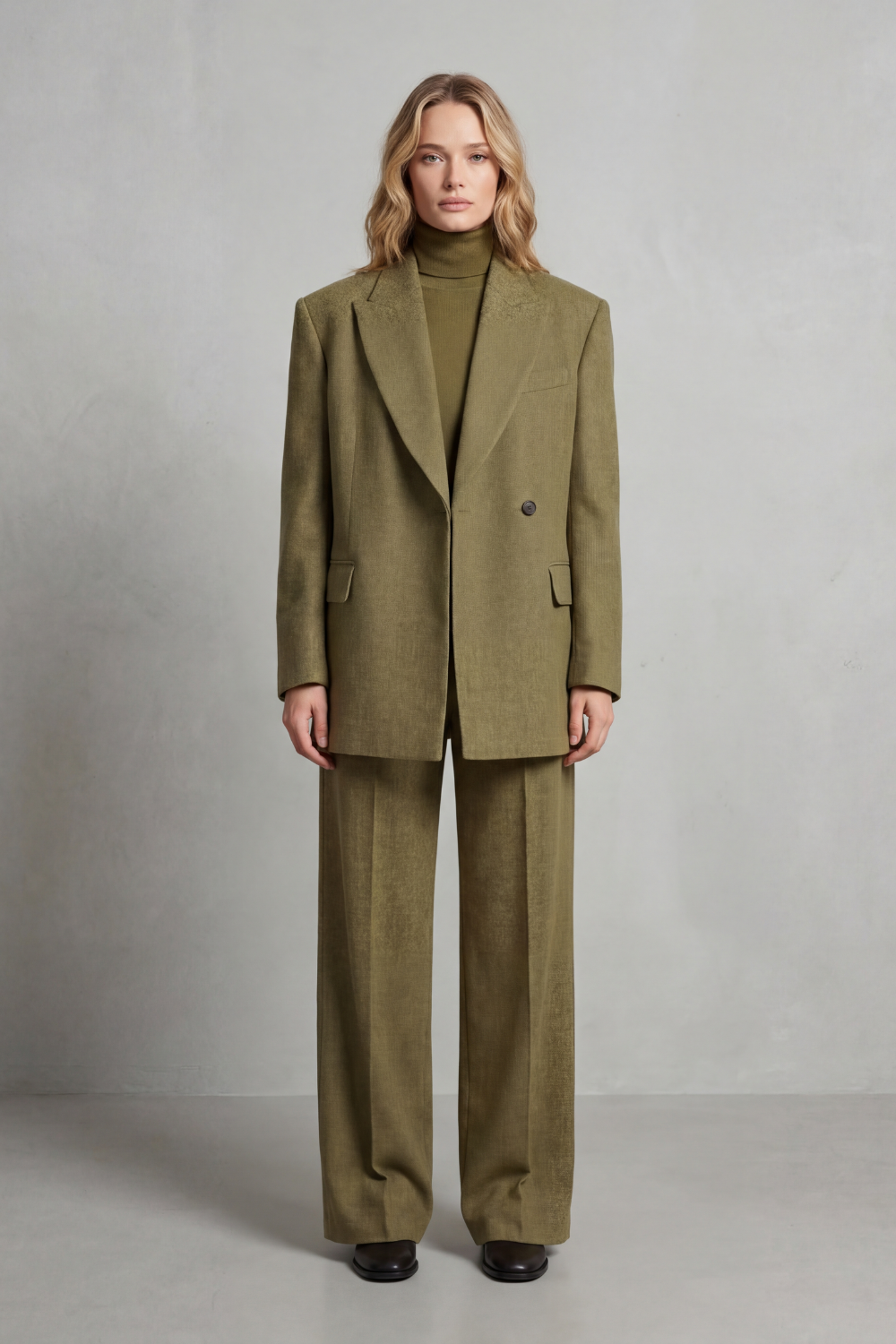 Ensemble tailleur vert olive, détail revers