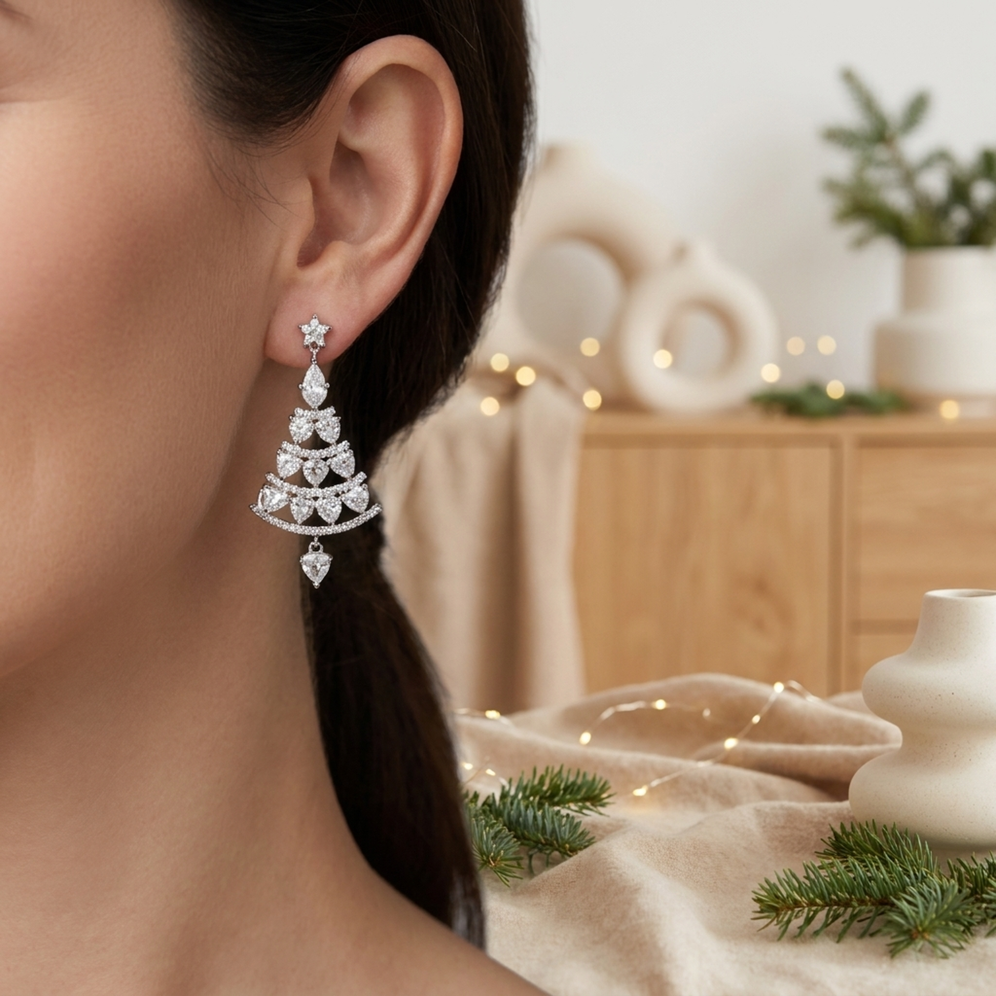 Boucles d'oreilles sapin de Noël étincelantes, vue principale
