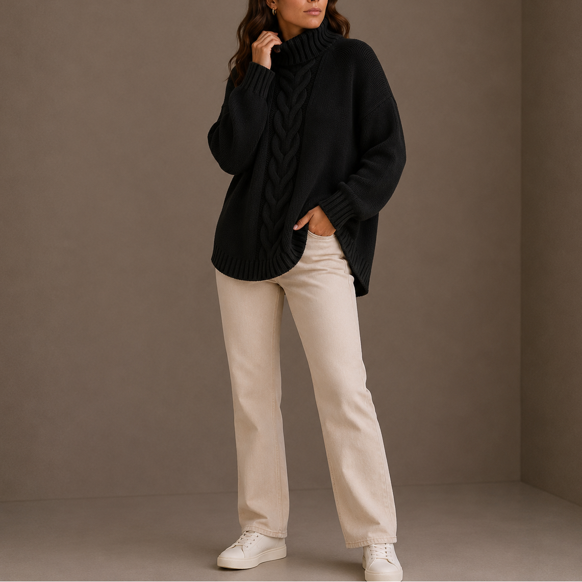 Pull torsadé oversize col roulé, coloris noir