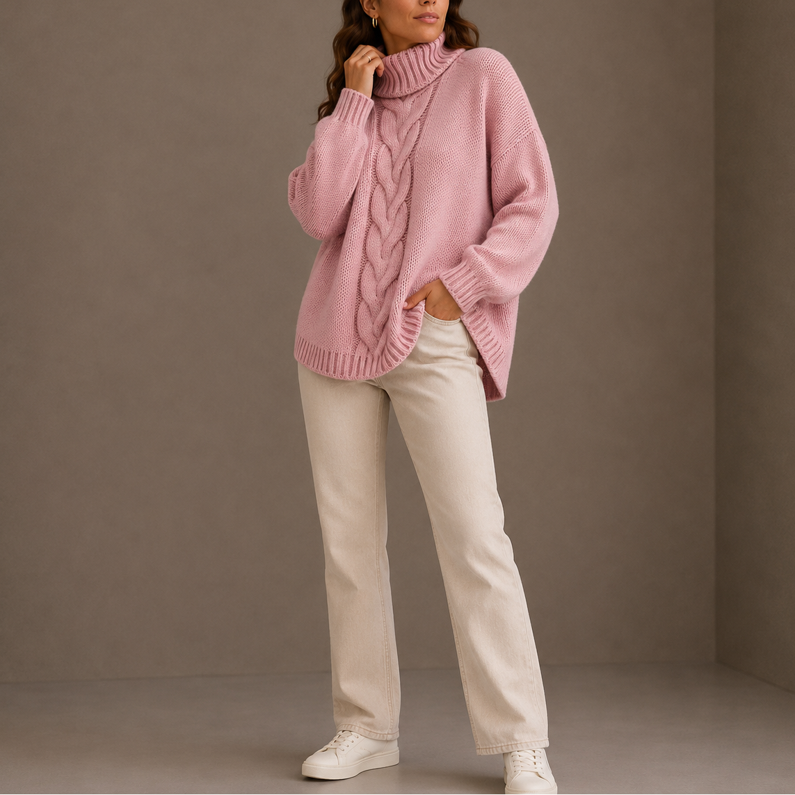 Pull torsadé oversize col roulé, coloris rose