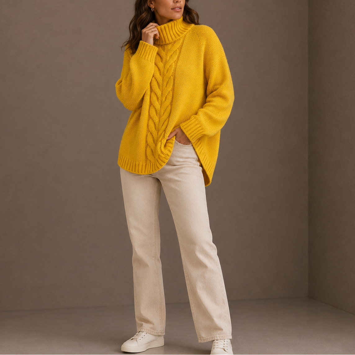 Pull torsadé oversize col roulé, coloris jaune