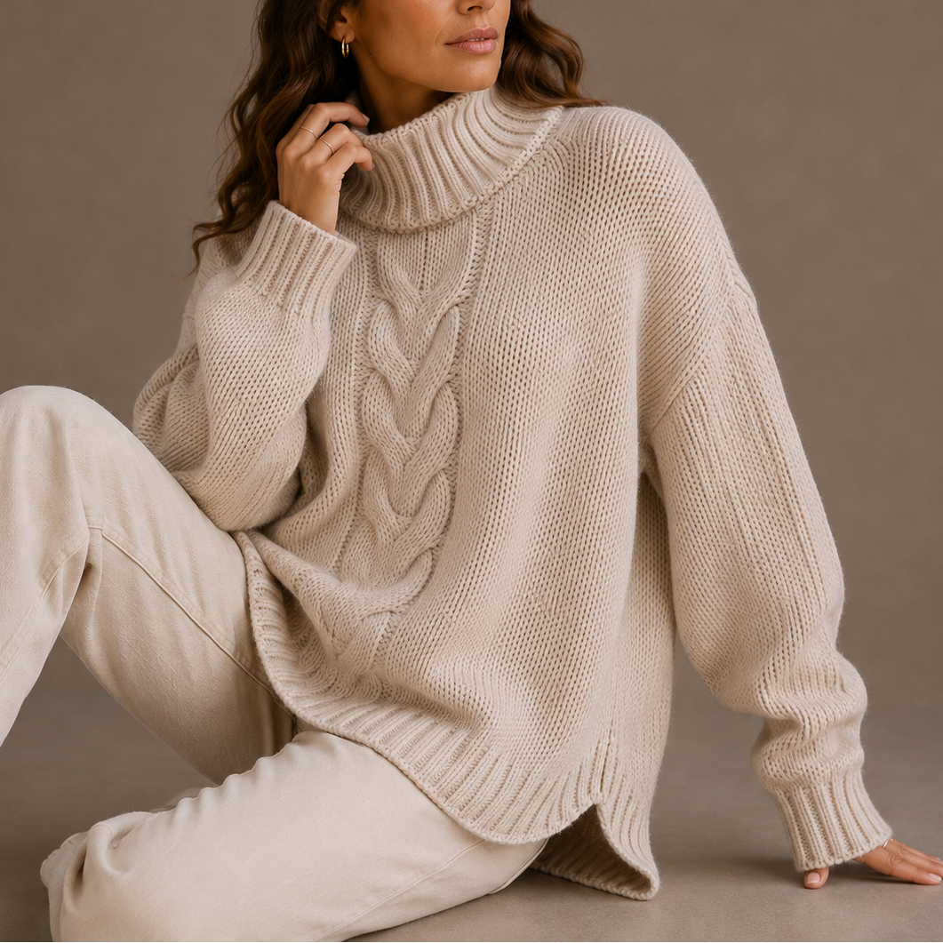 Pull torsadé oversize col roulé, coloris beige