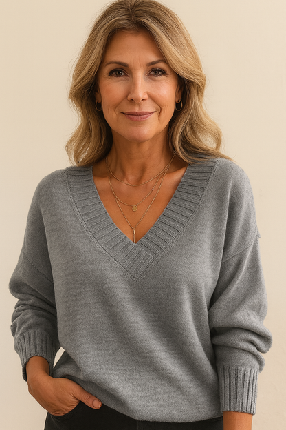 Pull femme col V Gris
