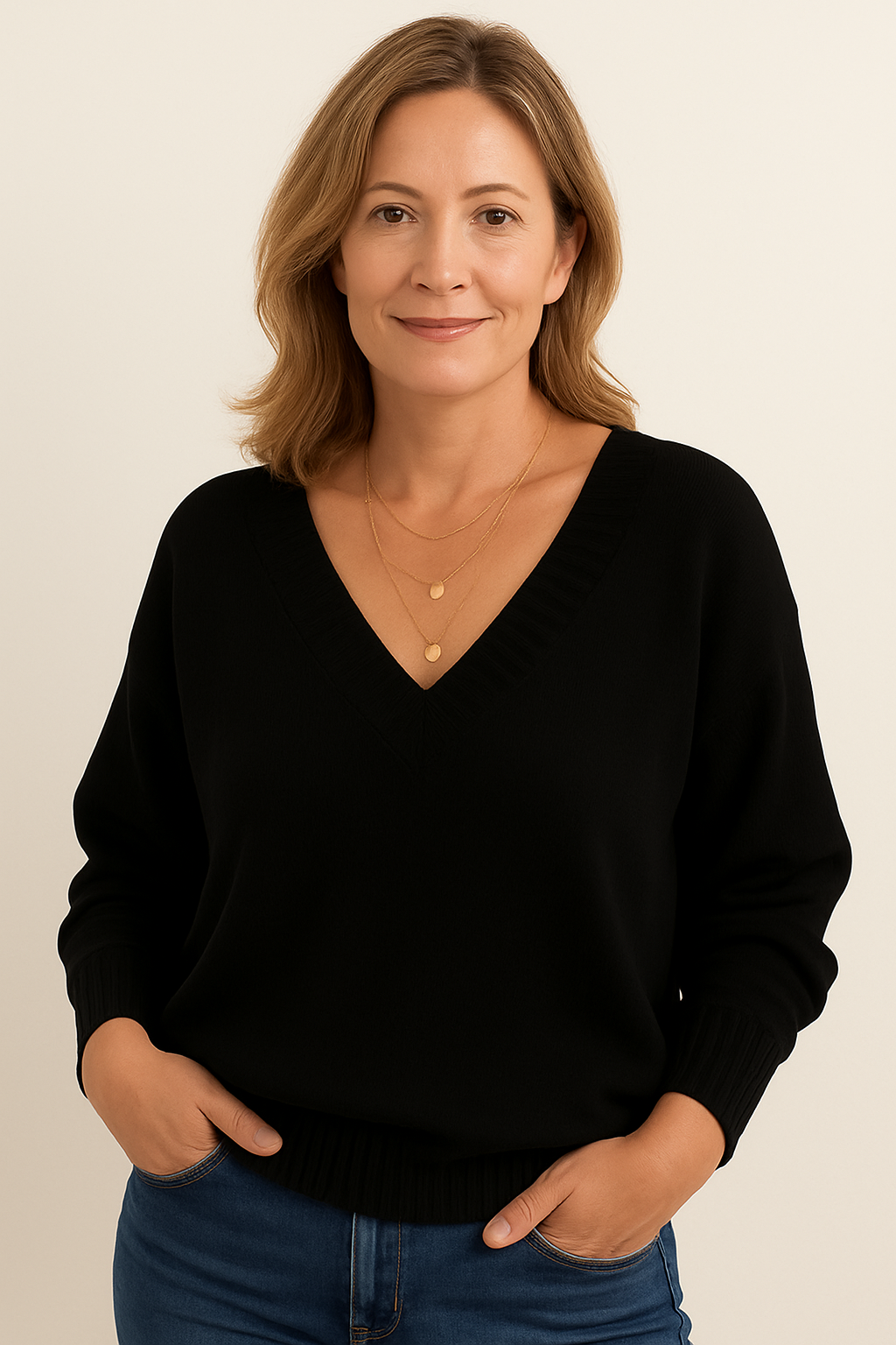 Pull femme col V Noir