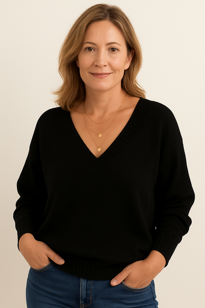Pull femme col V Noir