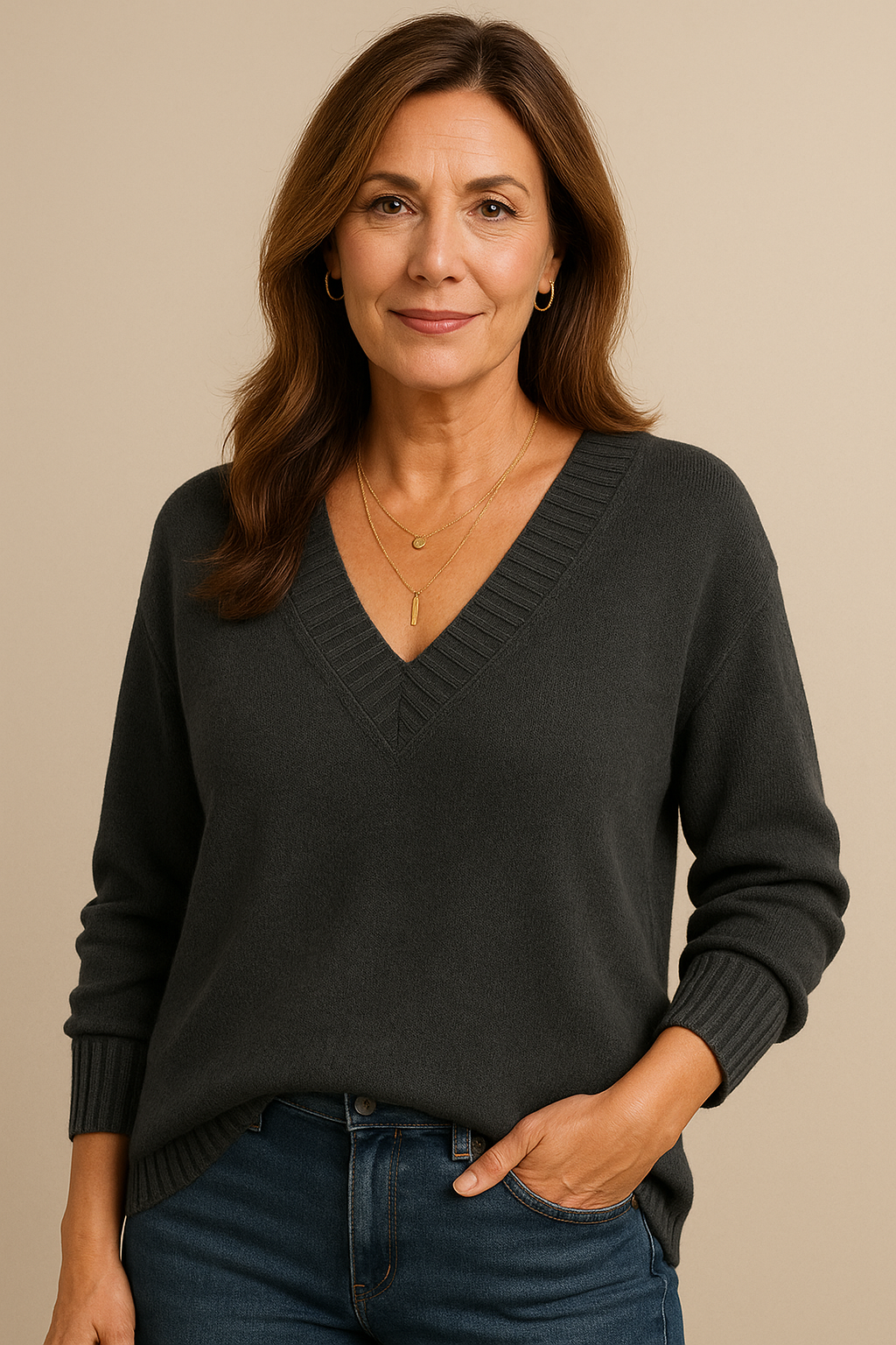 Pull femme col V Gris foncé