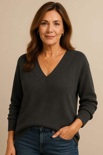 Pull femme col V Gris foncé