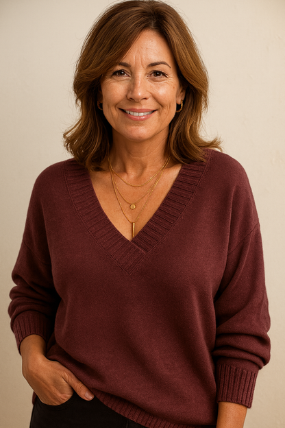 Pull femme col V Marron