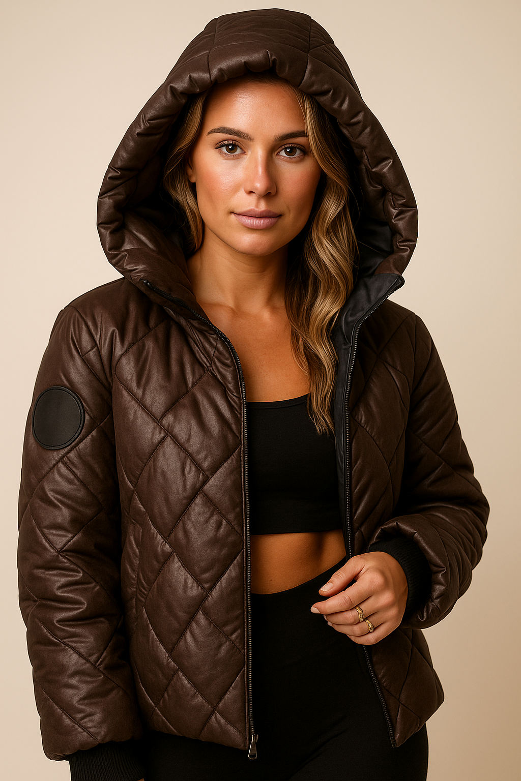 Manteau matelassé luxe café, col haut