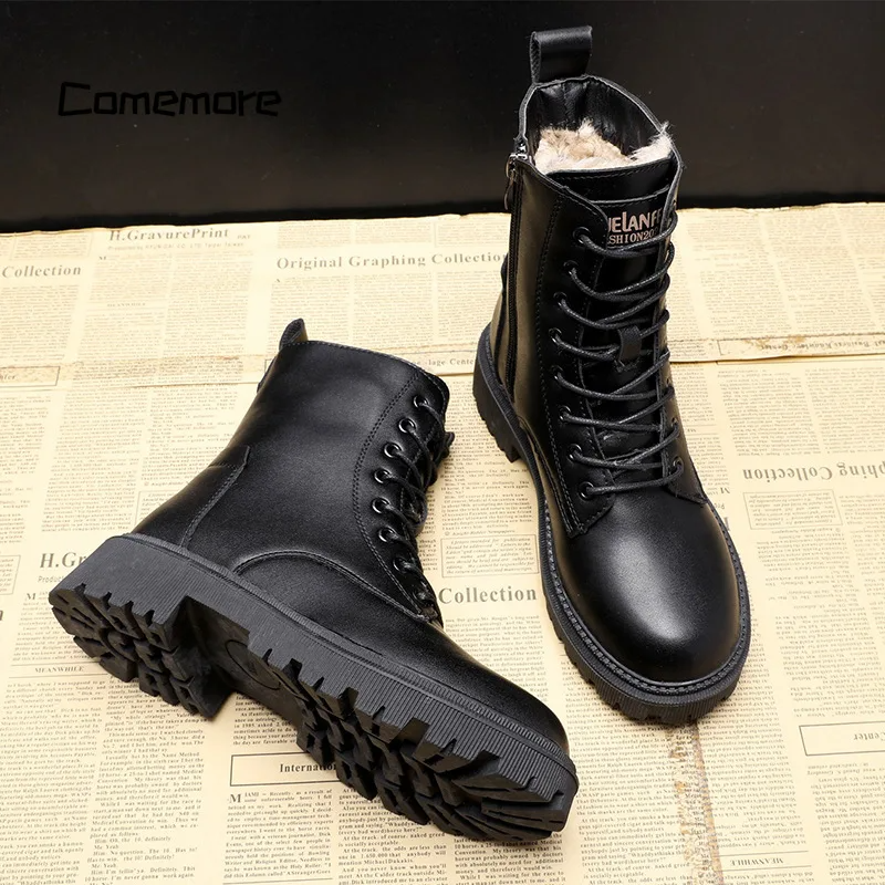 Bottes d'hiver en cuir noir femme, vue de face avec doublure chaude