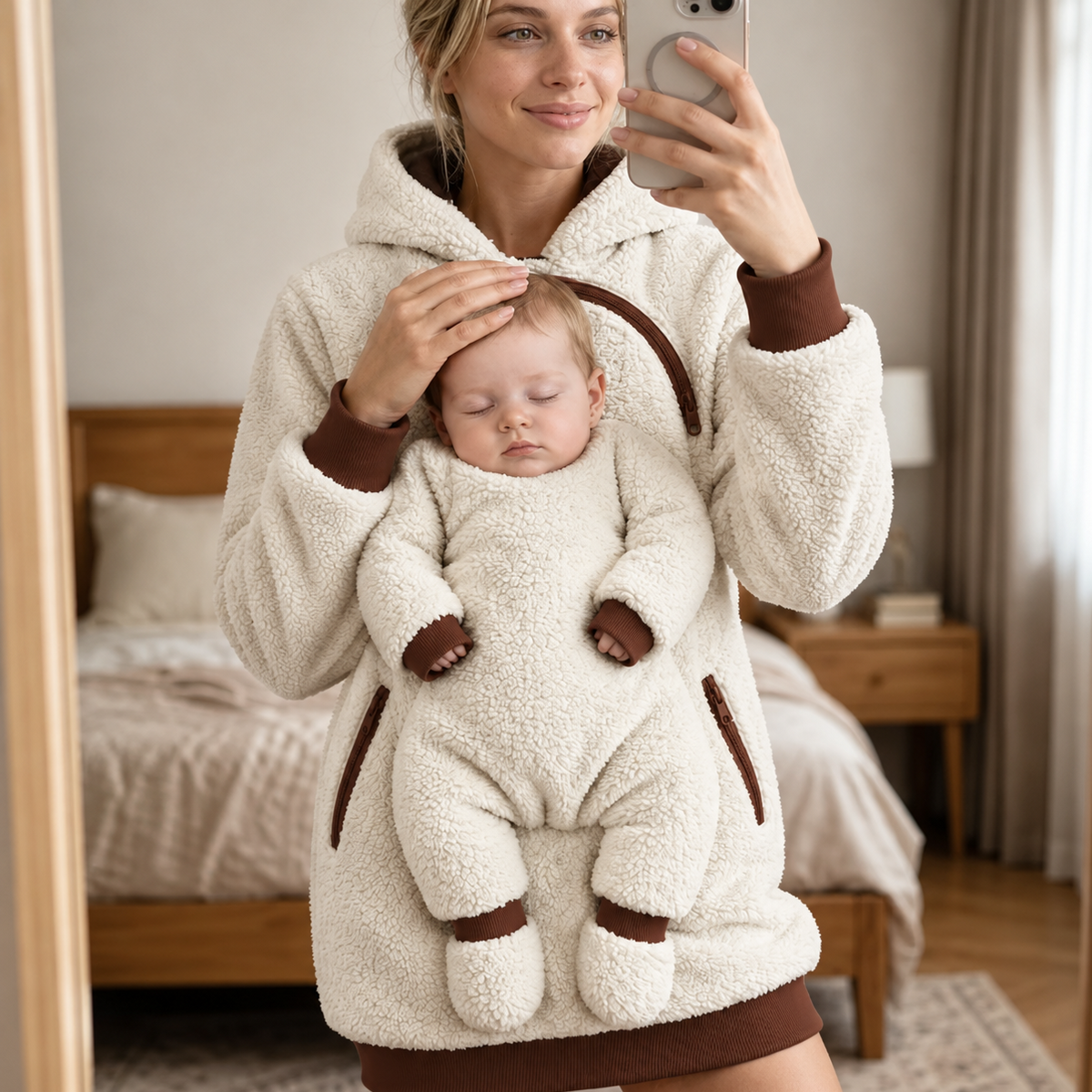 Selfie portant le sweat de portage blanc en polaire avec bébé