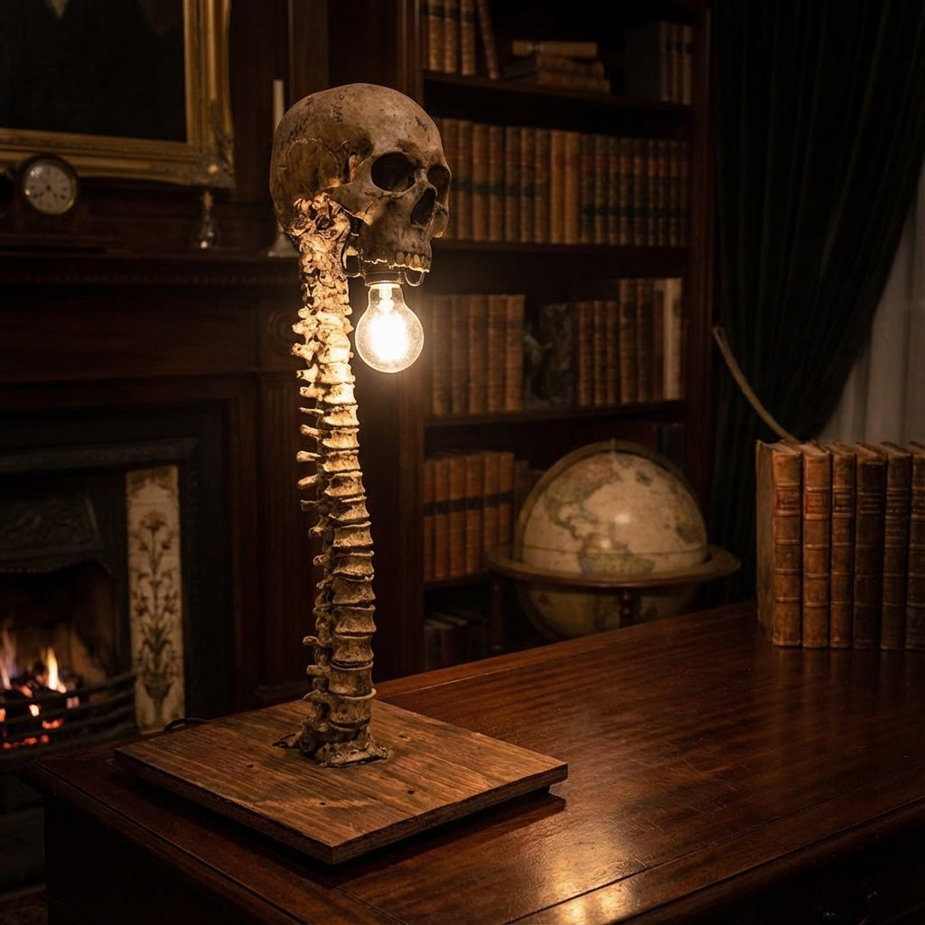 Lampe tête de mort avec colonne vertébrale sur une table