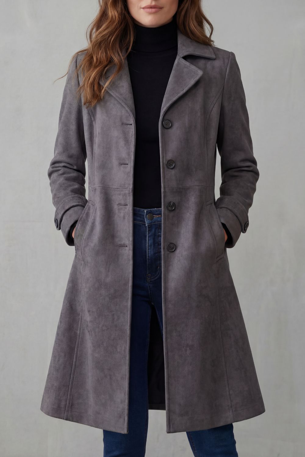 Manteau long vintage effet suédine anthracite, vue de face