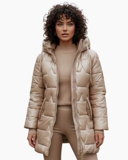 Doudoune longue femme brillante portée en hiver