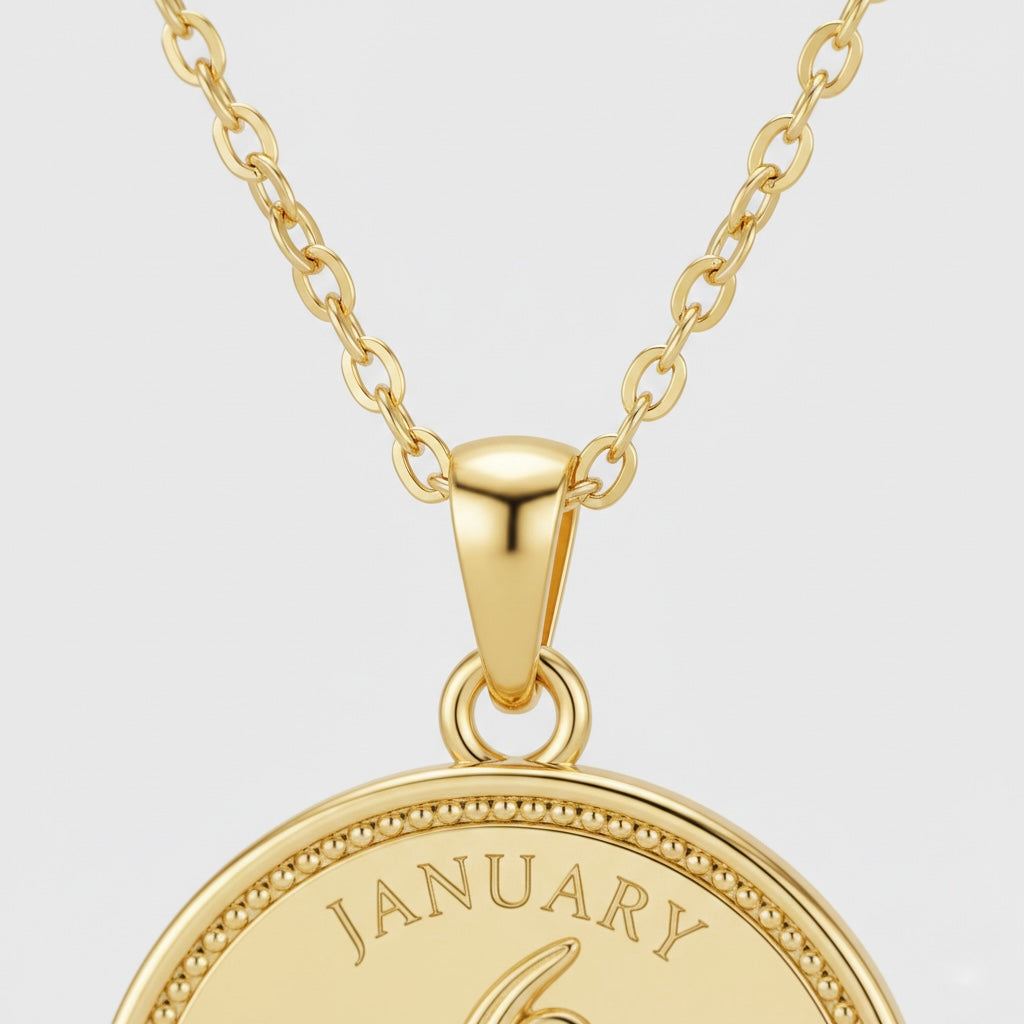 Collier médaille fleur de naissance janvier, détail