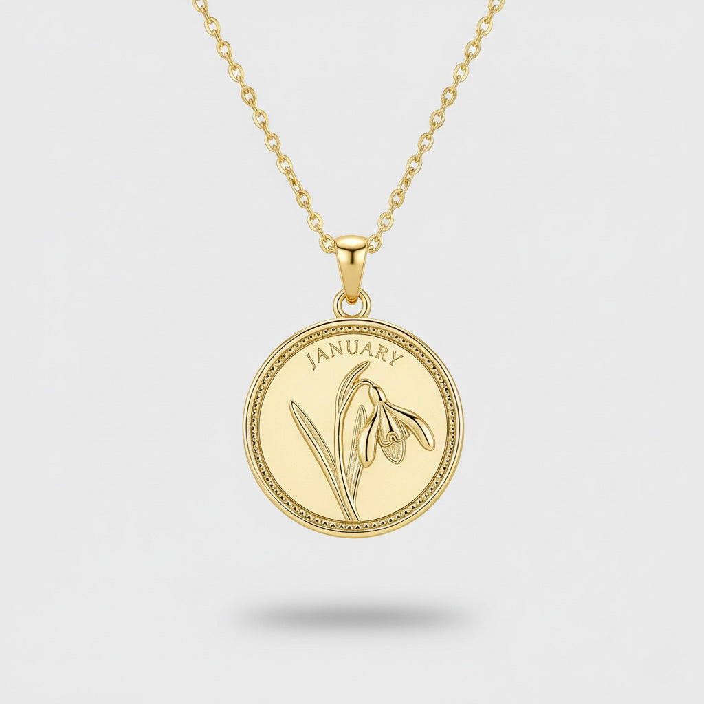 Collier médaille fleur de naissance janvier, vue de face