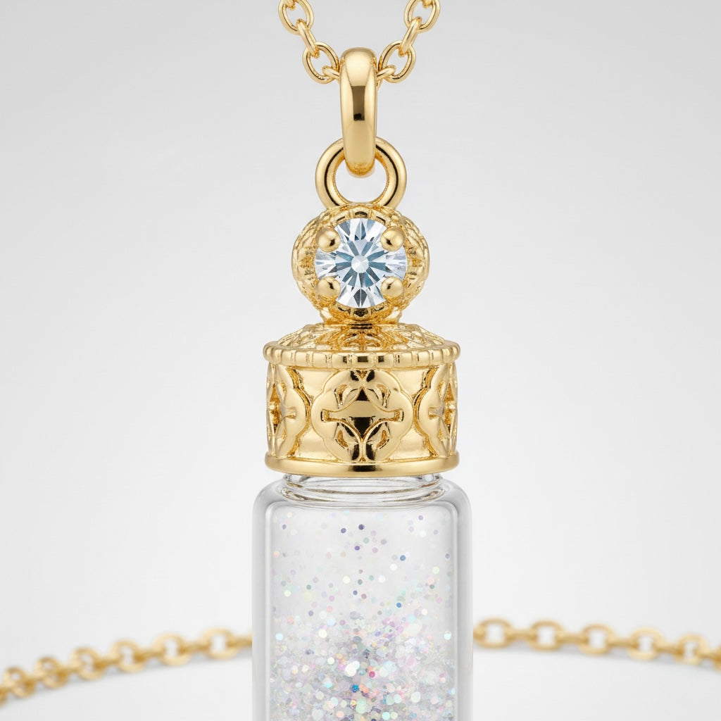 Collier femme fiole scintillante, détail du pendentif