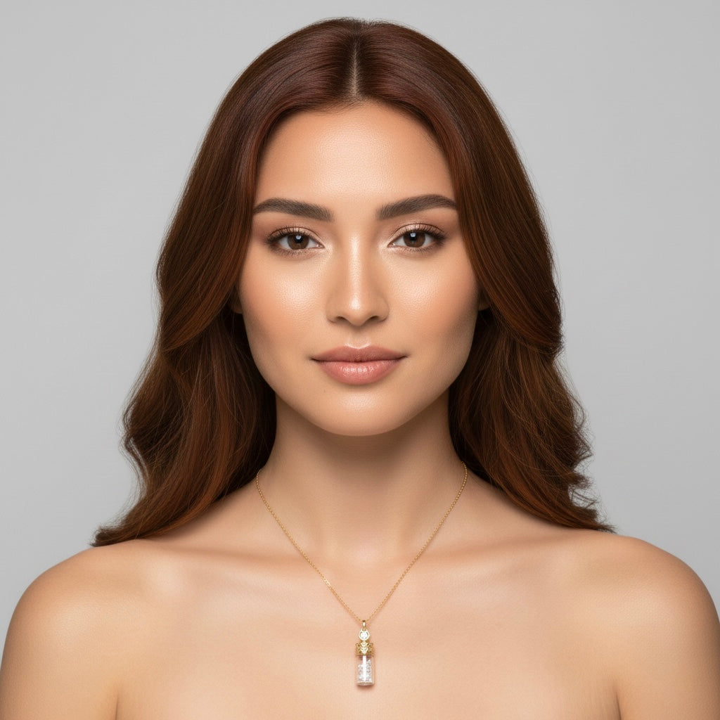 Collier femme fiole scintillante, porté