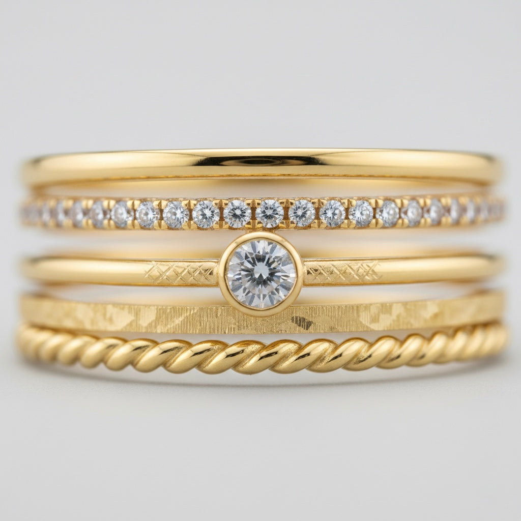 bague empilable ton doré zircons, gros plan sertissage