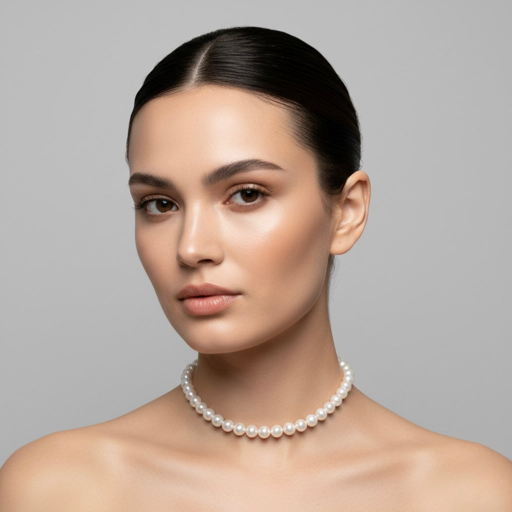 Collier femme effet perlé nacré, porté