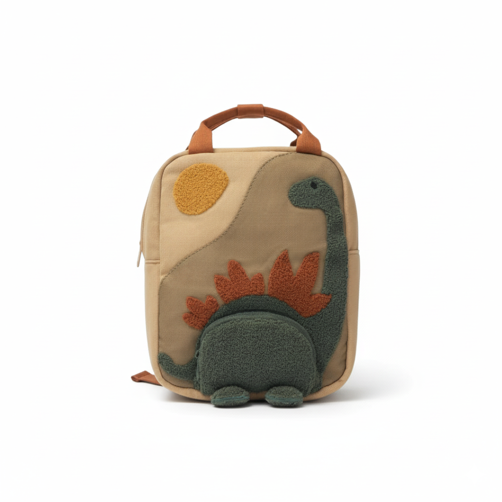 Sac à dos enfant dinosaure 3D en bouclette douce, vue de face, coloris beige