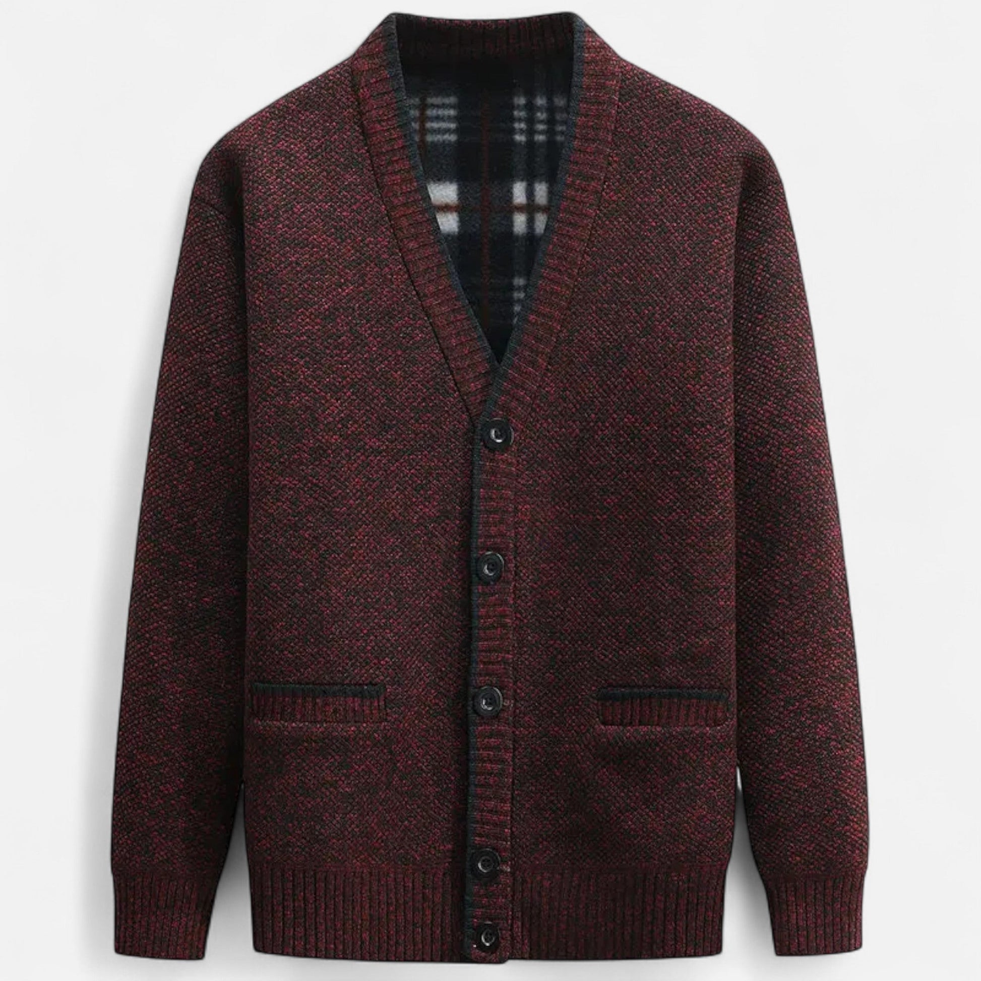 Cardigan homme en maille chinée rouge et noire, col en V, vue de face