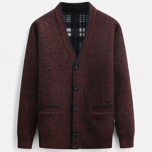 Cardigan homme en maille chinée rouge et noire, col en V, vue de face