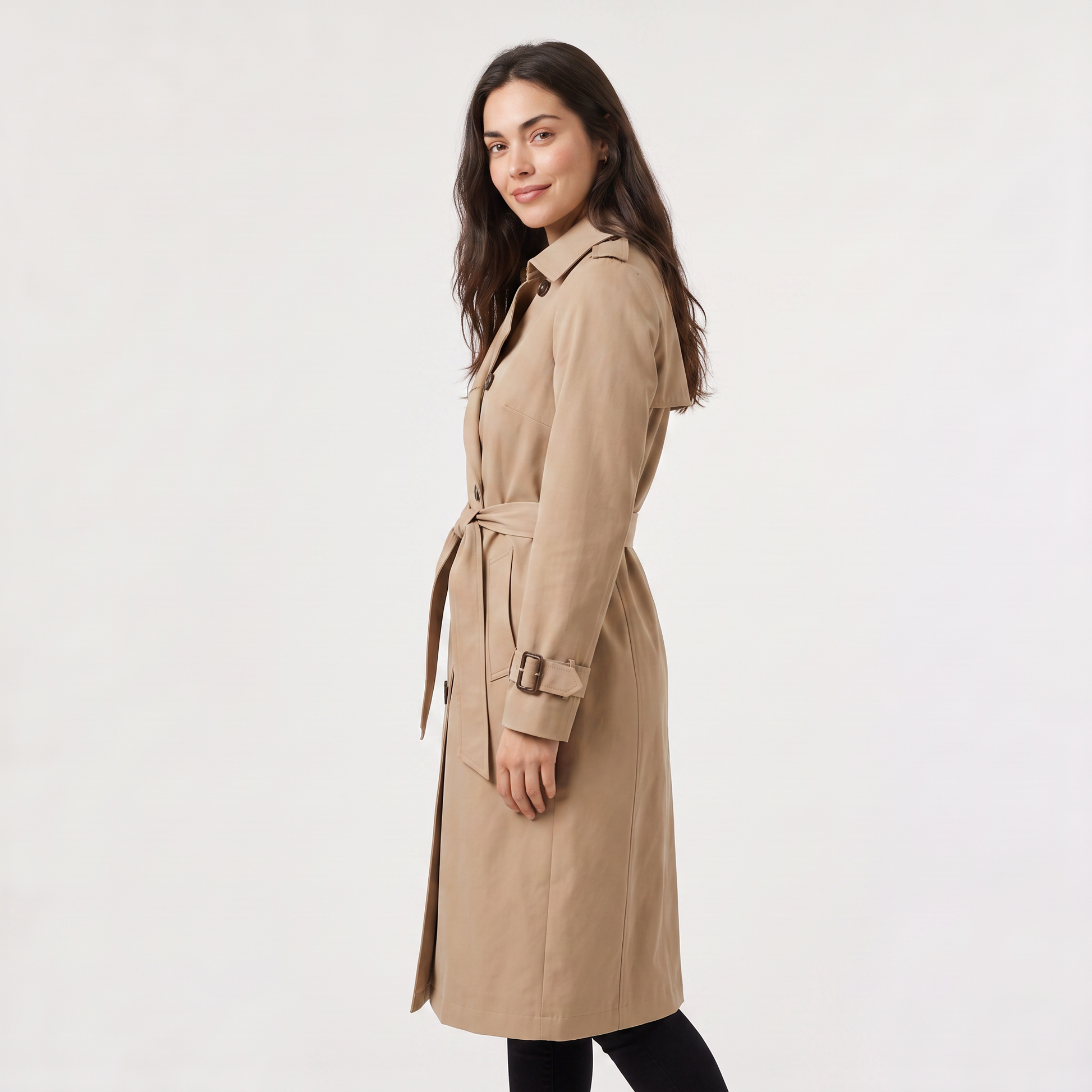 Trench ceinturé mi-long kaki, détail revers