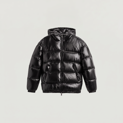 Doudoune brillante à capuche noire, porté