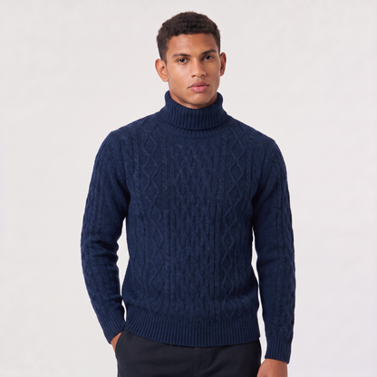 Pull torsadé en laine col roulé bleu marine, vue de face