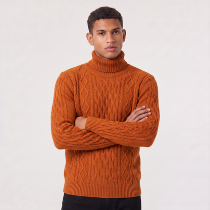 Pull torsadé en laine col roulé orange, vue de face
