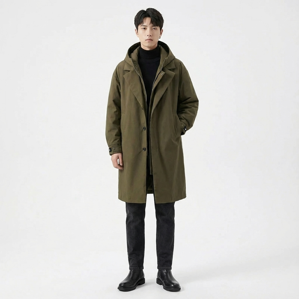 Manteau long homme à capuche Vert armée
