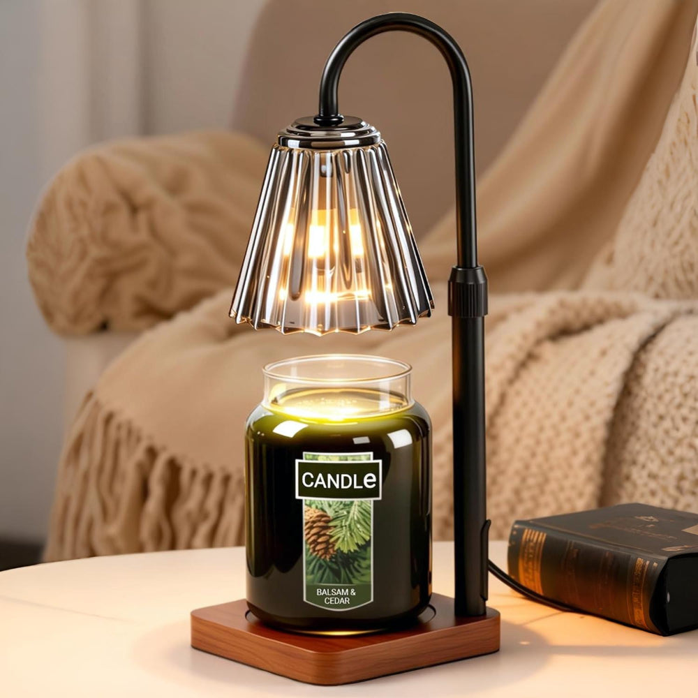 Lampe chauffe-bougie noire avec socle en bois de noyer foncé