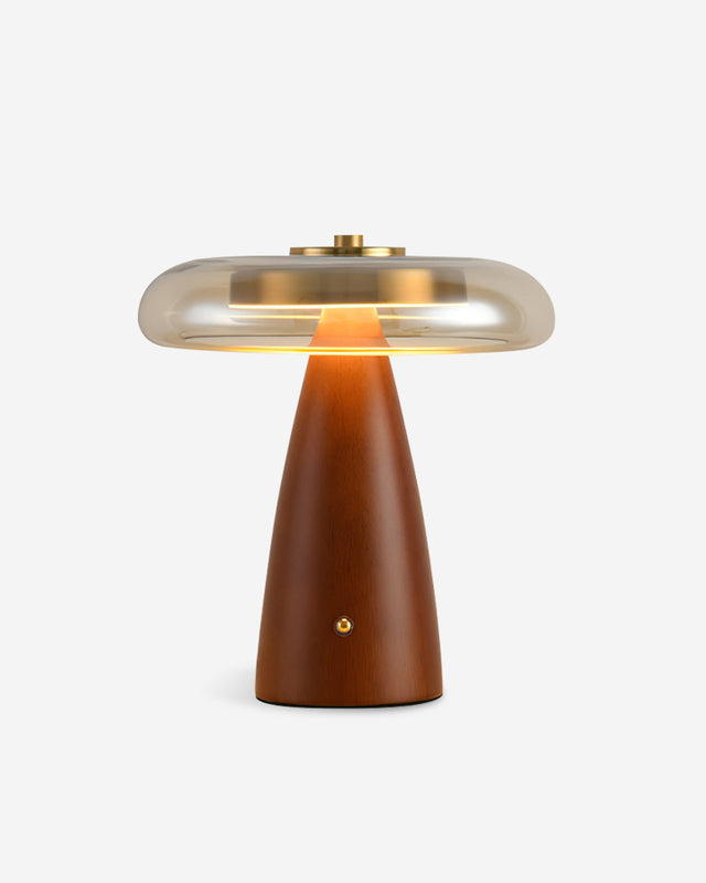 Lampe de table NALU en bois noyer et verre cognac, modèle petite taille