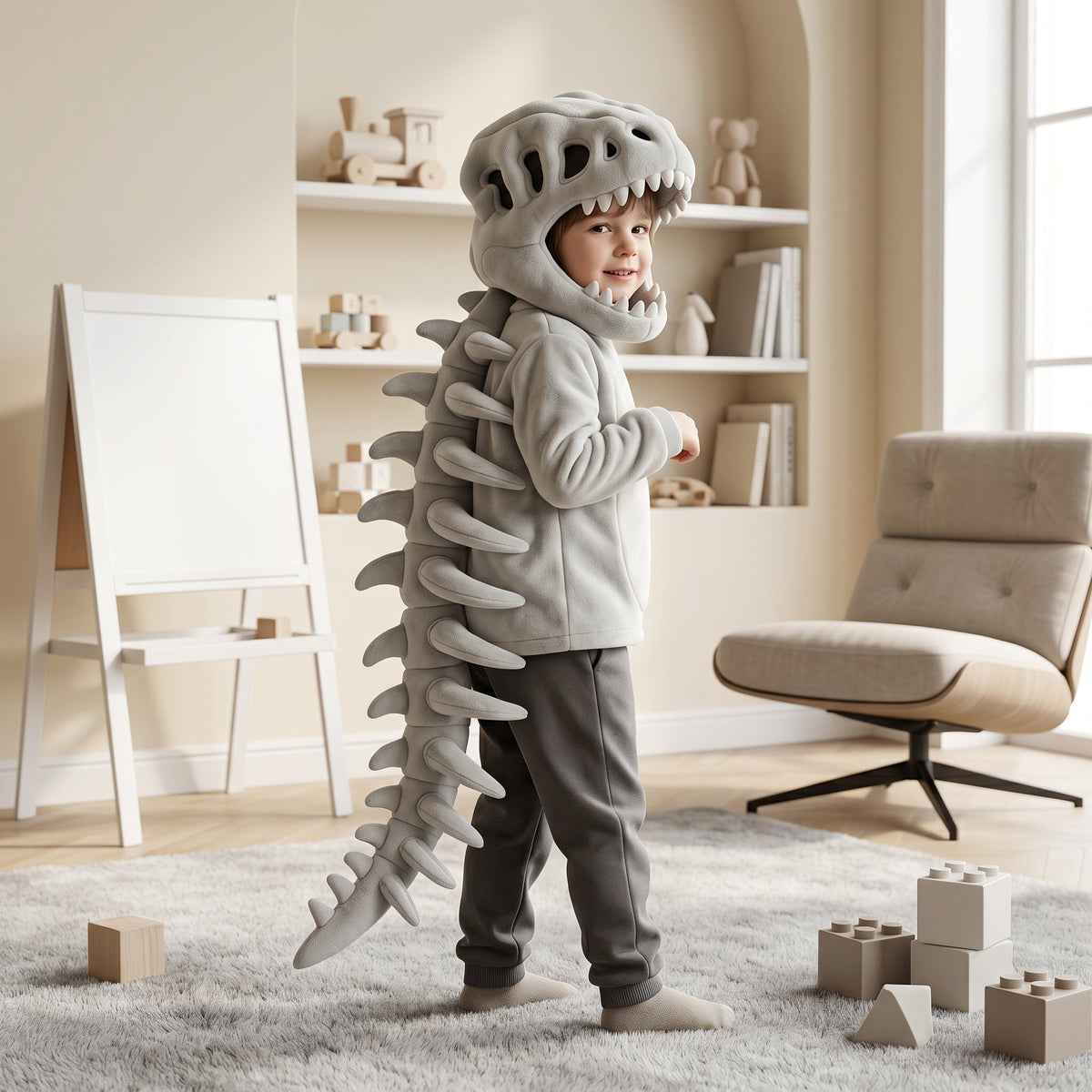 Détail de la capuche peluche dinosaure grise pour enfant