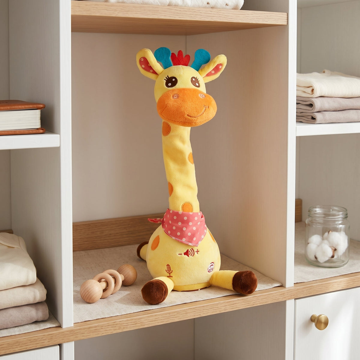 Girafe peluche chantante — vue de côté