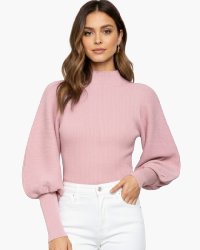 Pull Femme Manches Bouffantes rose poudré - vue de face - Melvoire