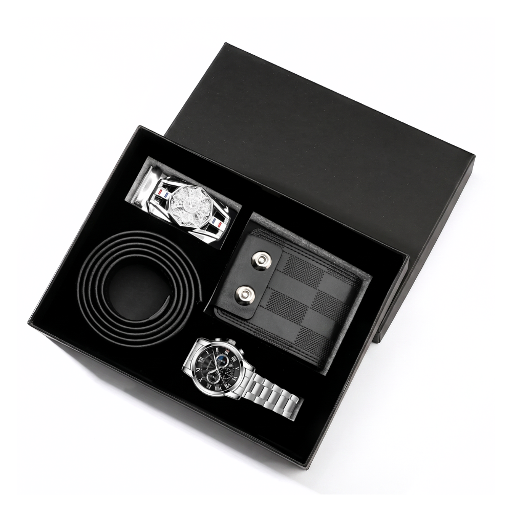 Coffret cadeau homme complet – montre, portefeuille et ceinture