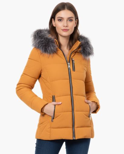 Doudoune longue femme à capuche fausse fourrure portée en hiver