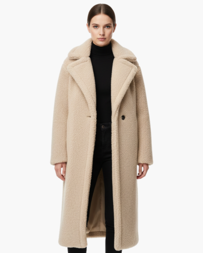 Manteau long femme en fausse fourrure porté en hiver