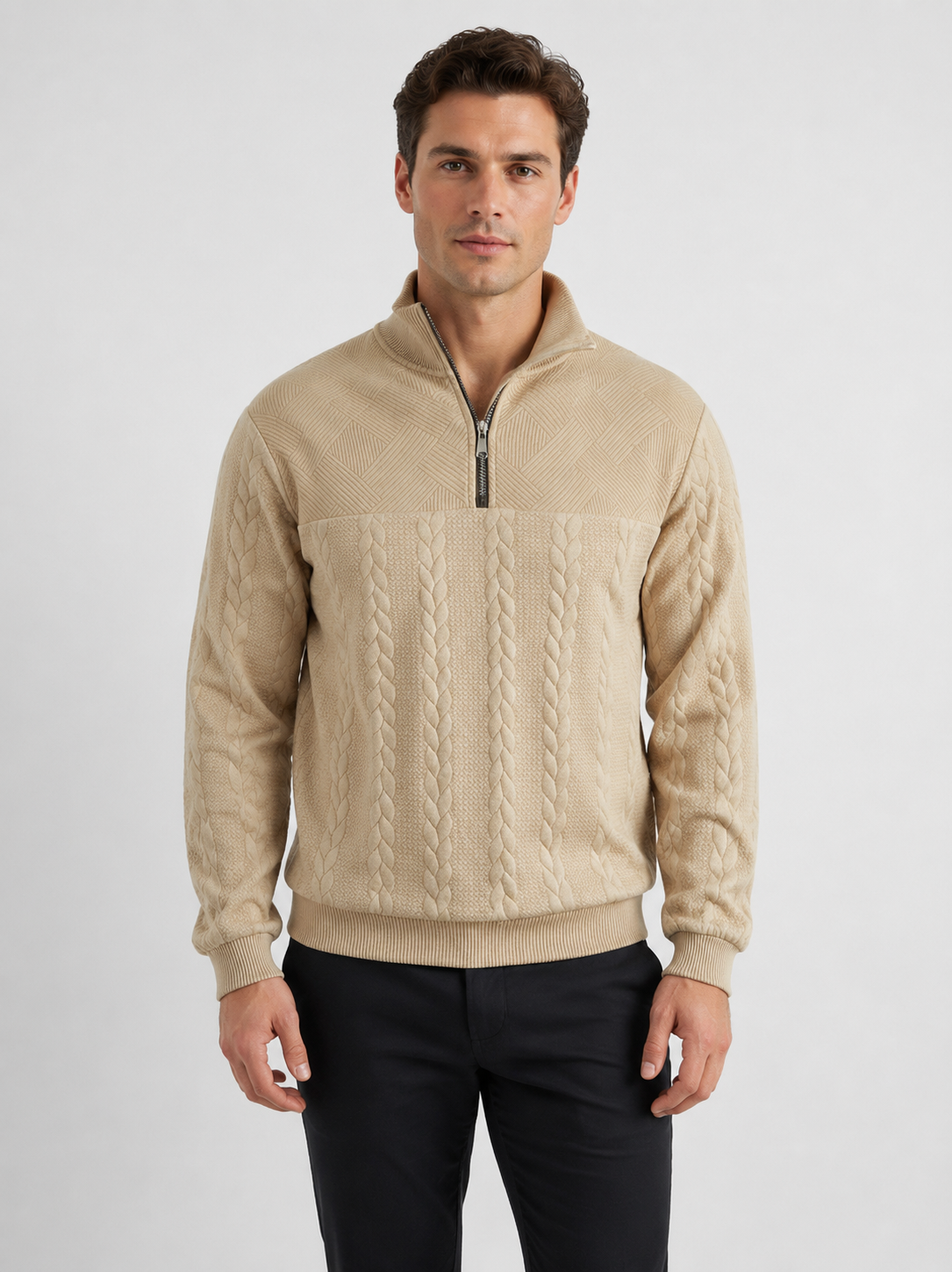 Pull torsadé homme beige, vue de face