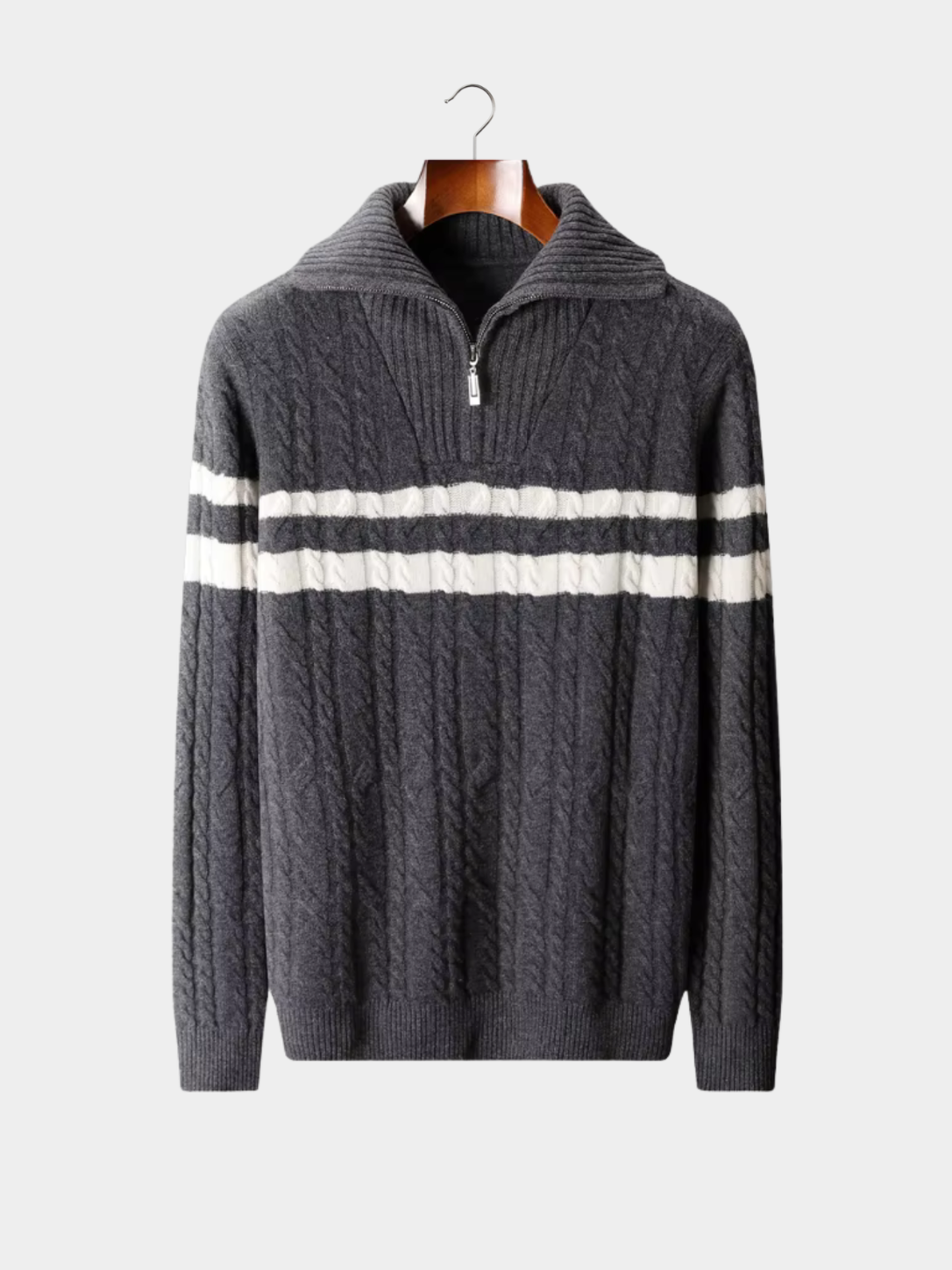 Pull torsadé rayé demi-zip blanc, vue d'ensemble