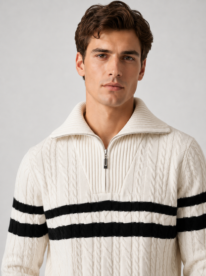 Pull torsadé rayé demi-zip blanc, détail rayures